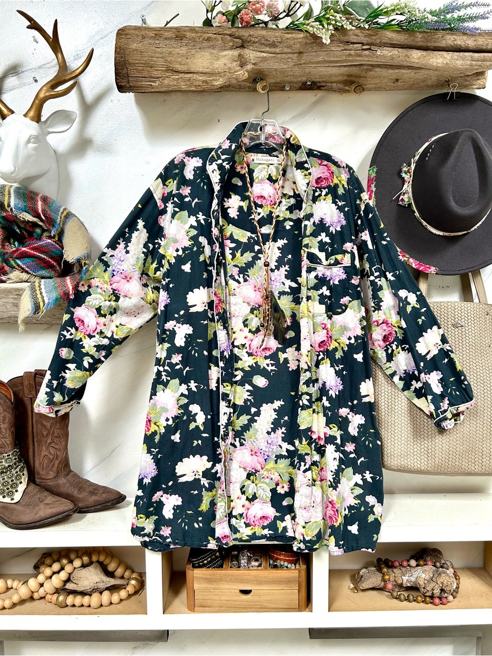 Cottagecore Floral Tunic bottomed down / civet up Pink White Roses prairie vibe